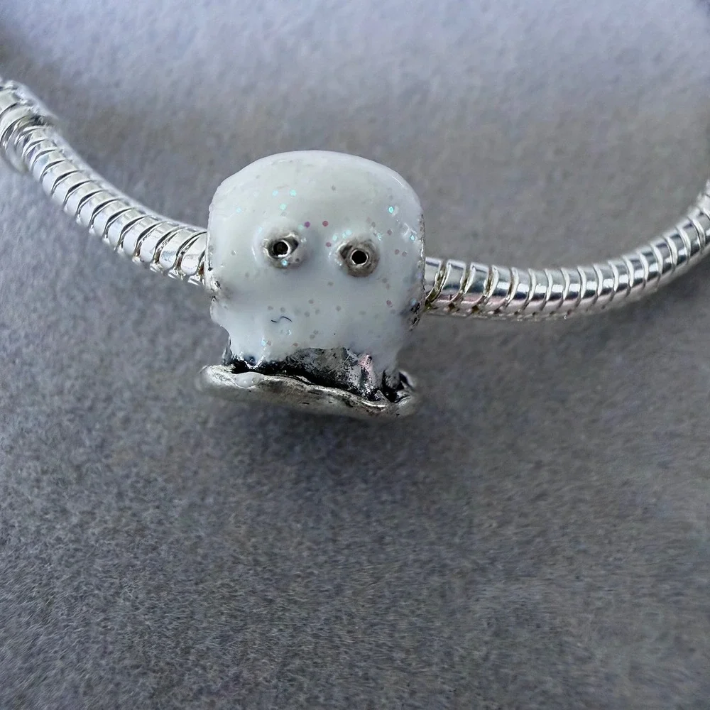 White Glitter Ghost Halloween‎ Heart Cutout Bead fits PANDORA